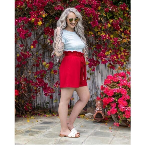 Lularoe Ella blue paper bag belted flowy knit XL shorts - Picture 2 of 5